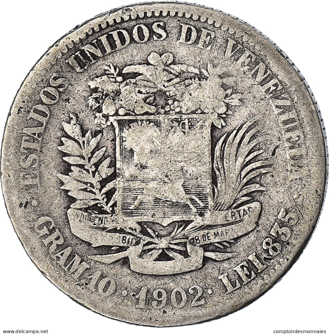 Monnaie, Venezuela, Gram 10, 2 Bolivares, 1902, B+, Argent, KM:23 - Venezuela