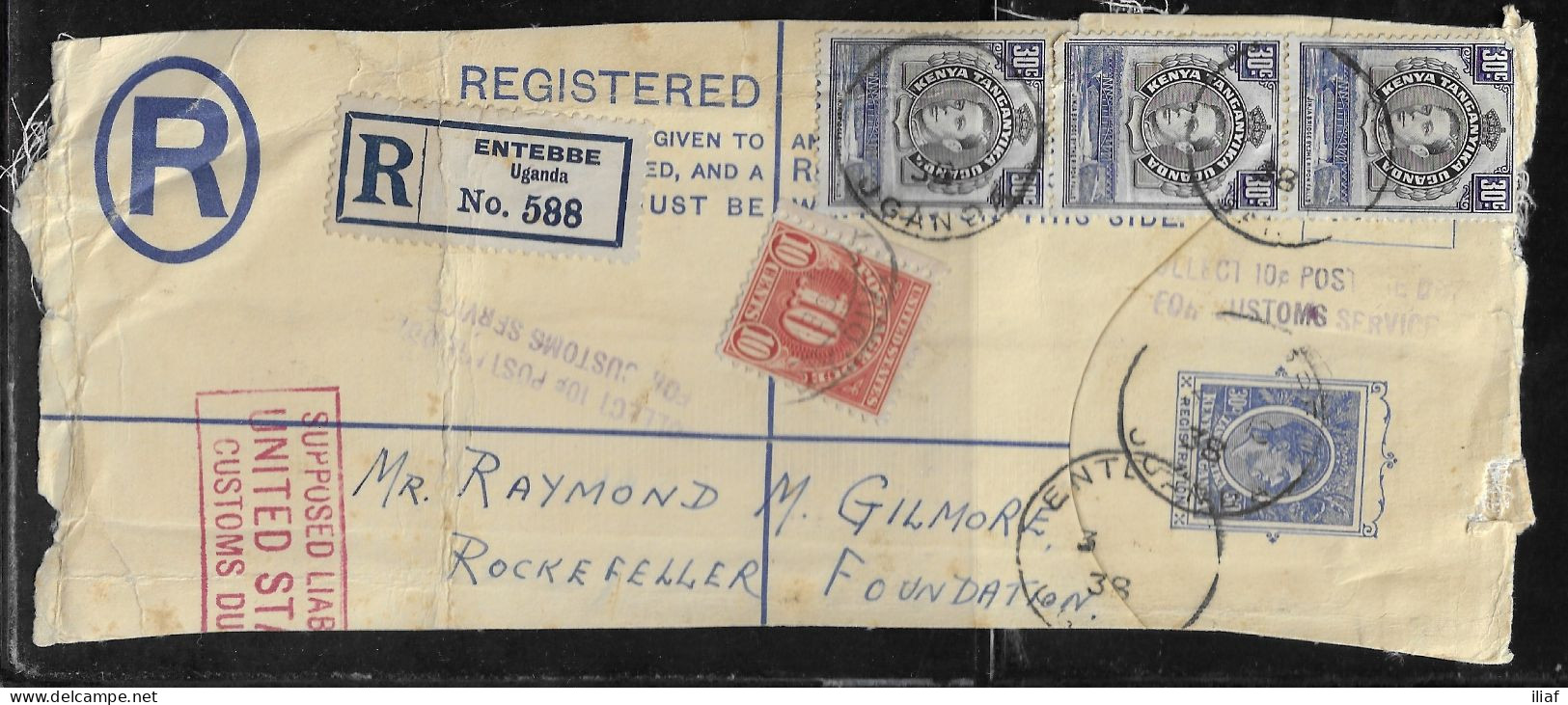 British East Africa (Kenya, Uganda And Tanganyika). Stamp Sc. EA76b And USJ84a On Fragment Of Air Mail Registered Letter - Britisch-Ostafrika