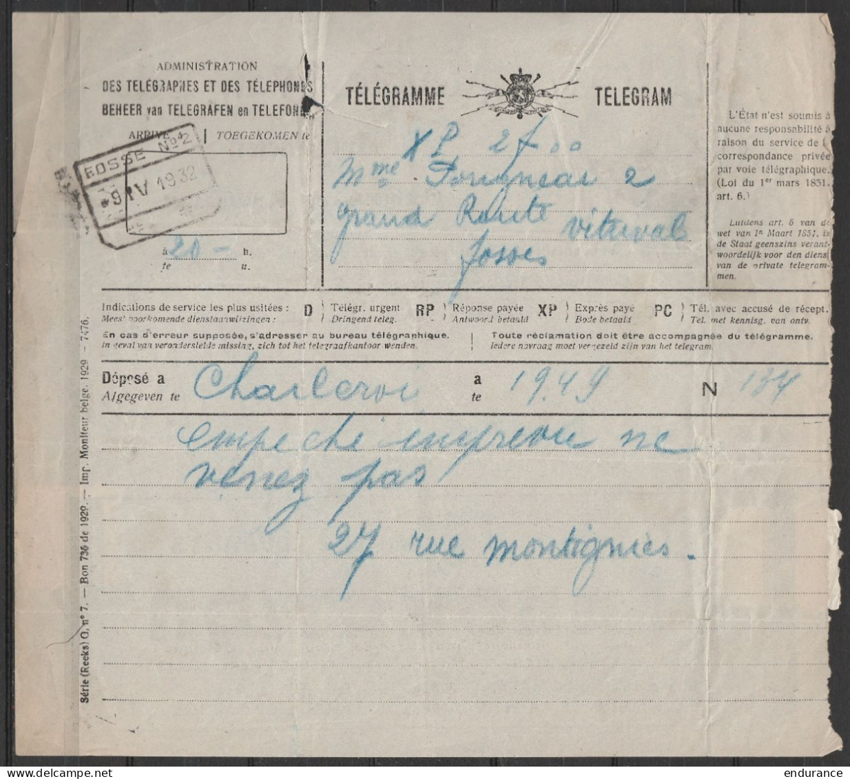 Télégramme Déposé à CHARLEROI Càd Chemin De Fer [FOSSE N°2/-9.IV.1932] Pour FOSSE - Telegrammen