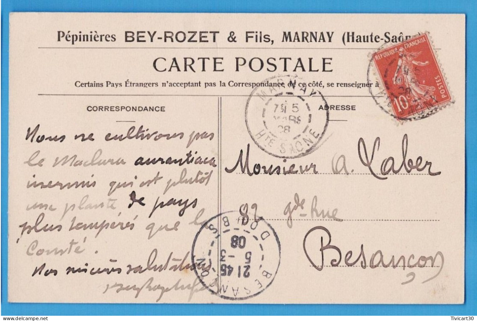 CPA HAUTE-SAONE (70) - MARNAY - PEPINIERES BEY-ROZET & FILS - SORTIE D'UN CHANTIER - ECRITE PAR BEY-ROZET - Marnay