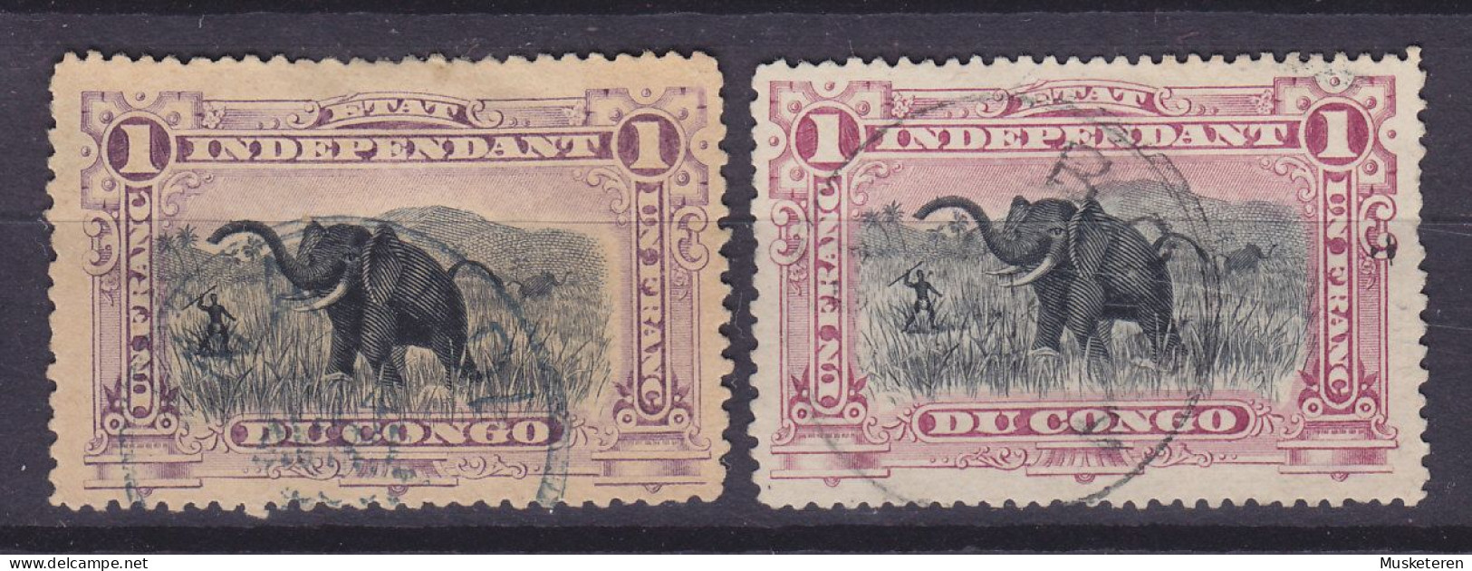 Belgian Congo 1894-1900 Mi. 18a & B, 1 Fr. Elefantenjagd Elephant Hunt BOMA & MATADI Cancels !! (2 Scans) - Used Stamps