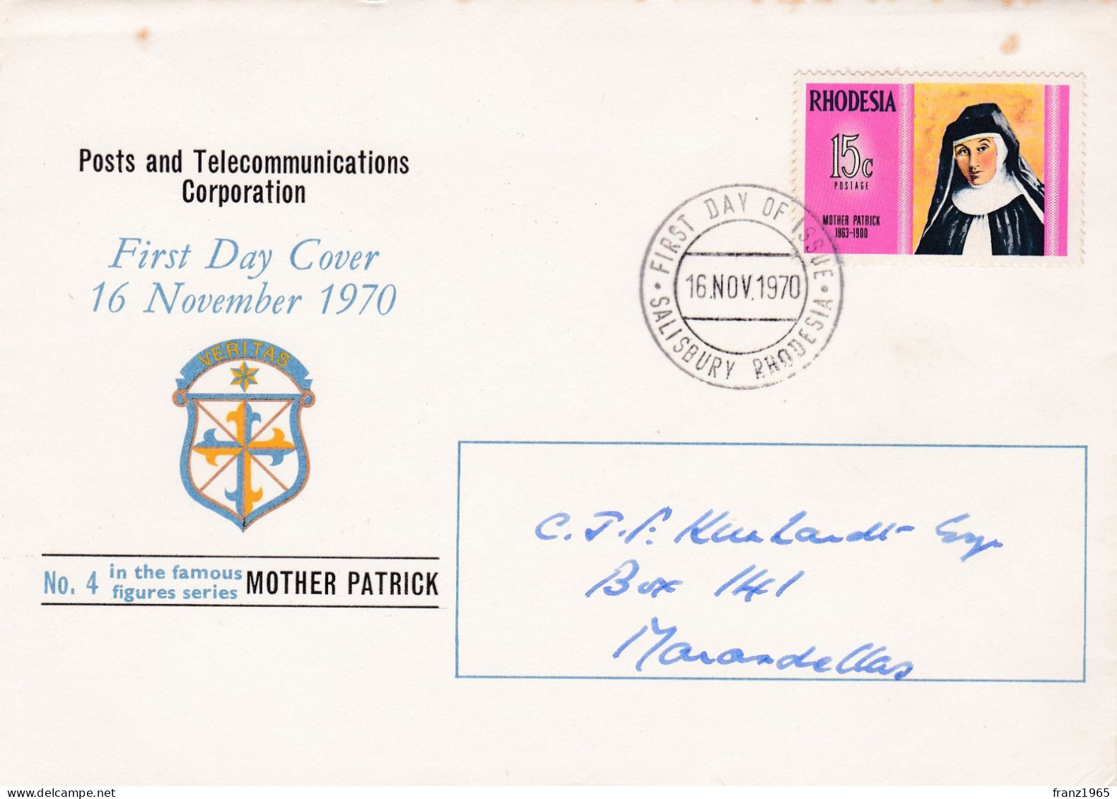 Mother Patrick -  1970 (FDC) - Rhodesien (1964-1980)