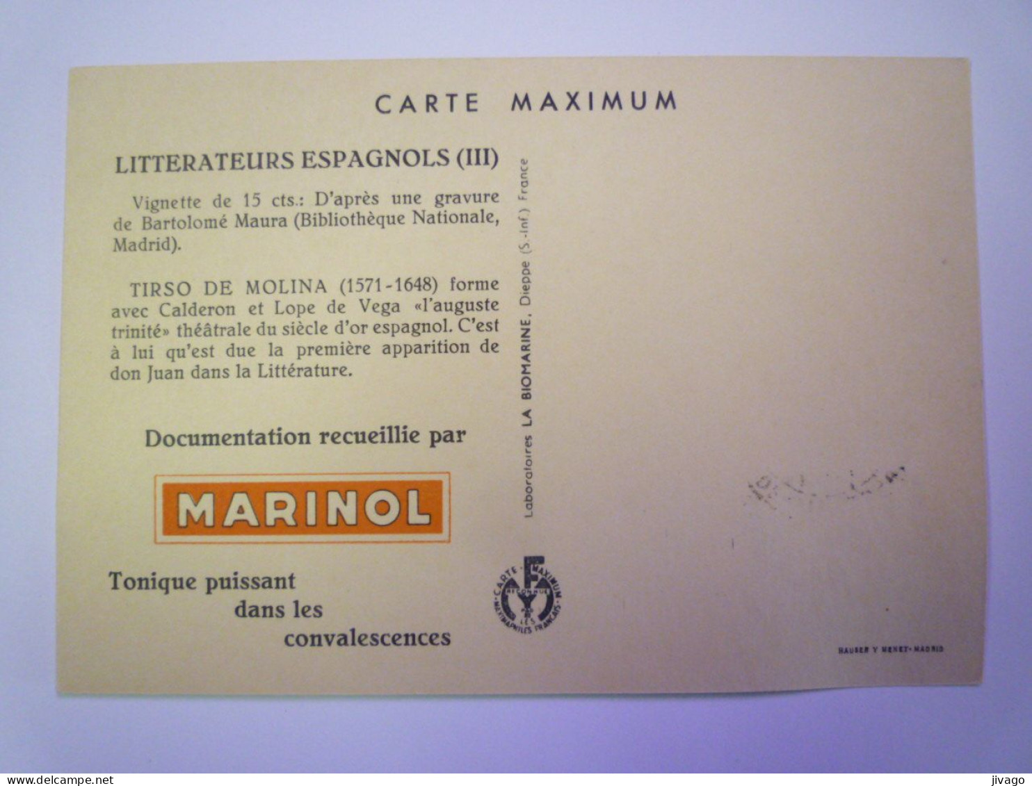 2024 - 975  CARTE MAXIMUM  PUB  "MARINOL"  ( III)  1954  XXX - Tarjetas Máxima