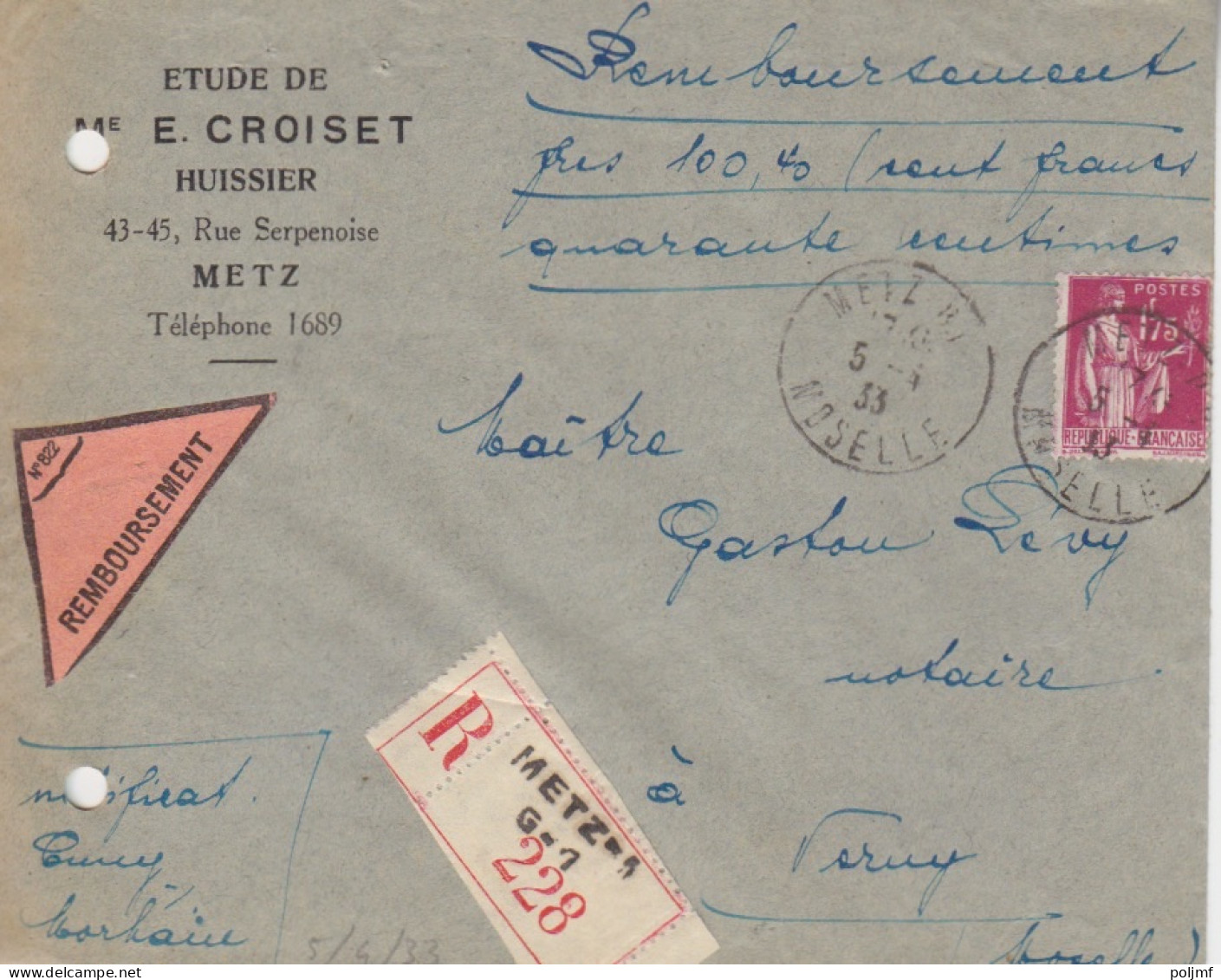 Lettre Contre Remboursement Obl. Metz RP Le 5/4/33 Sur 1f75 Paix N° 289 (tarif Du 18/7/32) Pour Verny - 1932-39 Paix