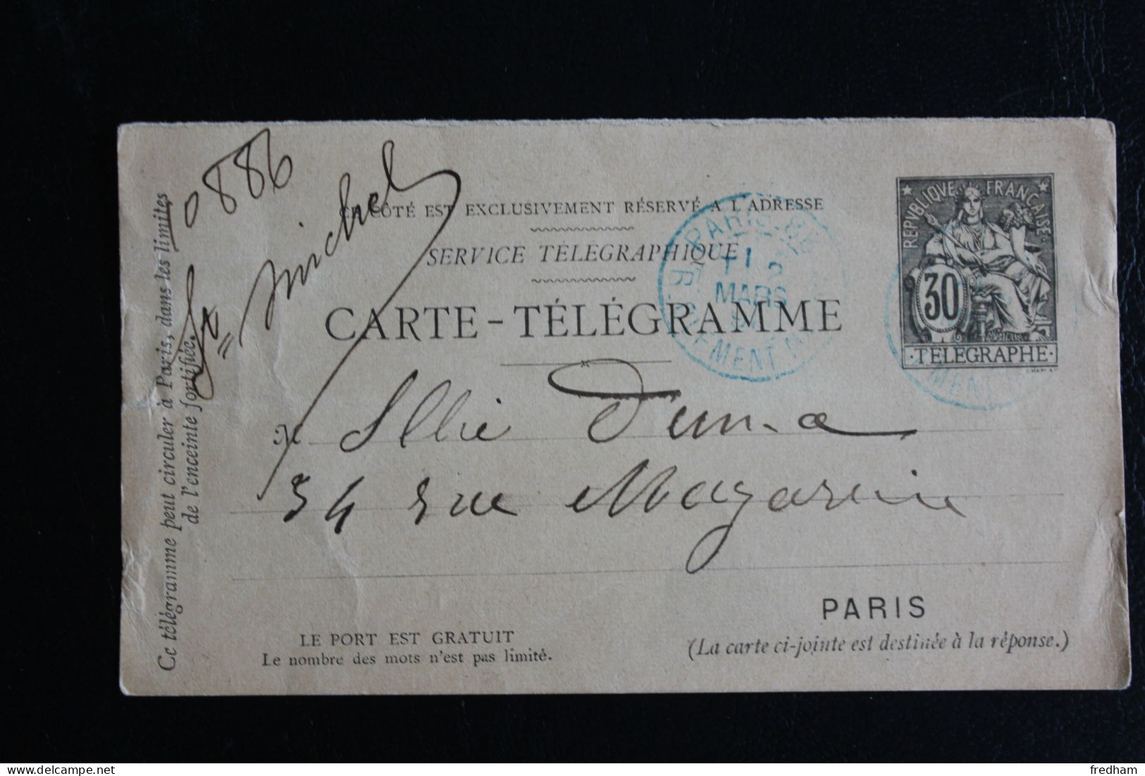 CARTE TELEGRAMME TYPE CHAPLAIN 30C NOIR CAD BLEU PARIS 88 RUE CLEMENT MAROT - Telegraphie Und Telefon