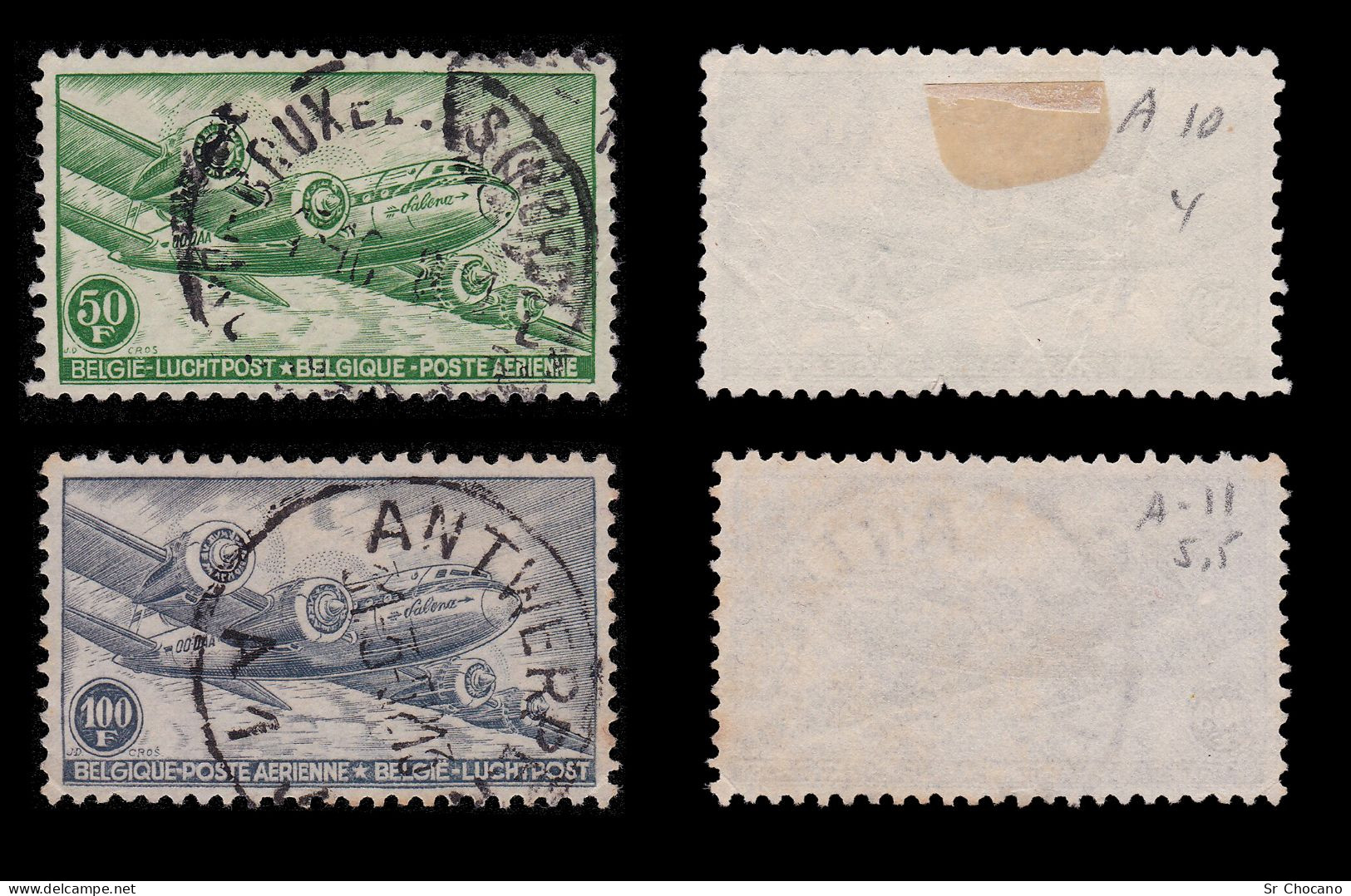 BELGIUM.AIR POST.1946.50fr-100fr.SCOTT C10-C11.US - Afgestempeld