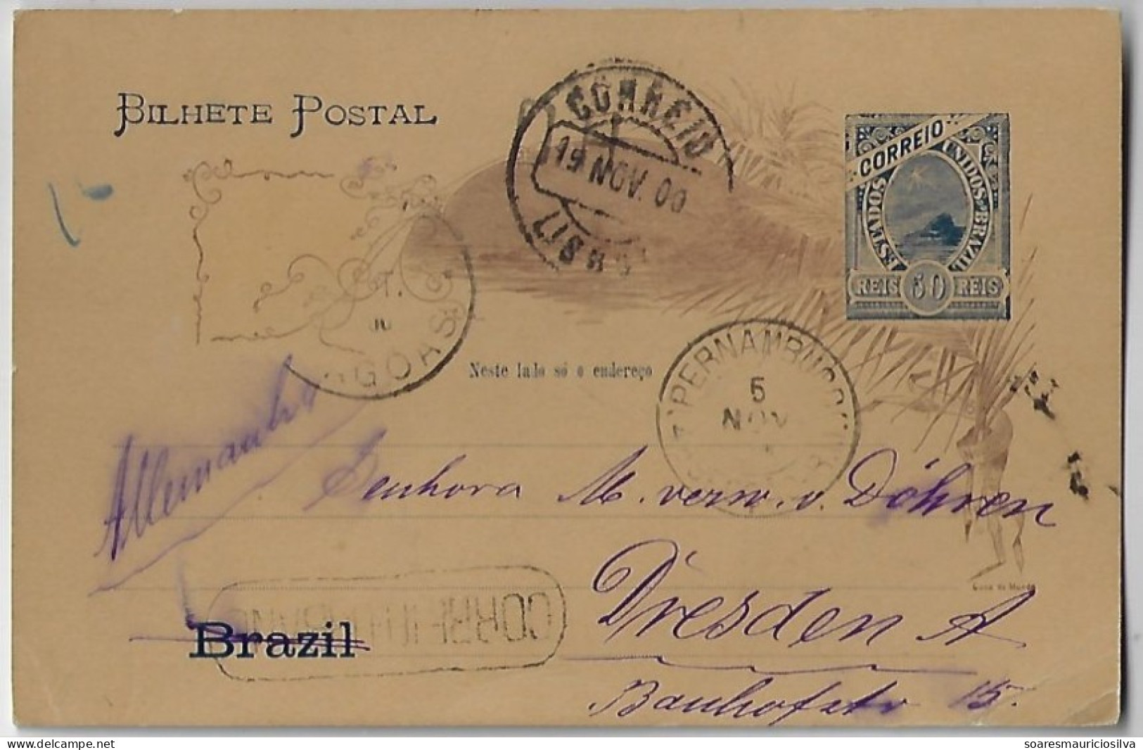 Brazil 1900 Postal Stationery Card Maceió - Recife - Lisboa Portugal - Dresden Germany Cancel Correio Urbano Urban Mail - Ganzsachen