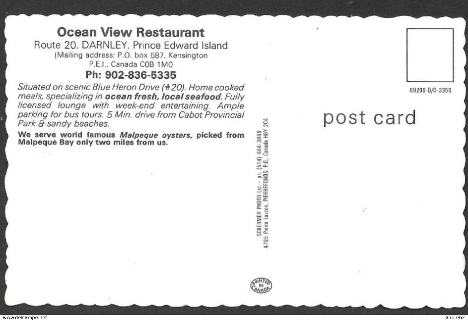 Darnley  Ile Du Prince-Édouard  P.E.I. - C.P.A. Ocean View Restaurant - Schermer Photo - Autres & Non Classés