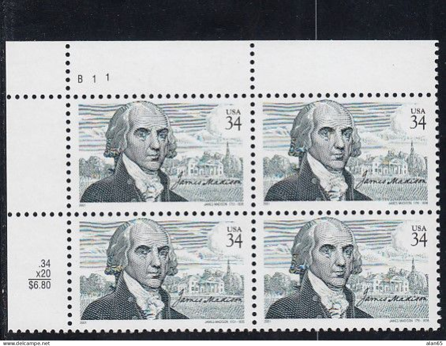 Sc#3545, James Madison US President Issue 34-cent Stamp Plate # Block Of 4 - Numéros De Planches