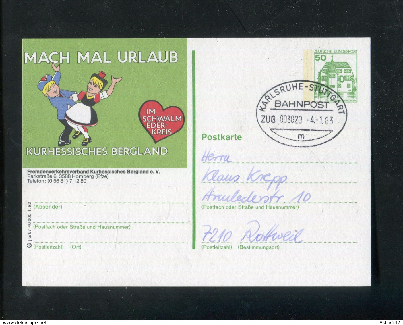 "BUNDESREPUBLIK DEUTSCHLAND" 1983, Bahnpost-Stempel "Karlsruhe-Stuttgart" Auf Bildpostkarte (A0033) - Bildpostkarten - Gebraucht