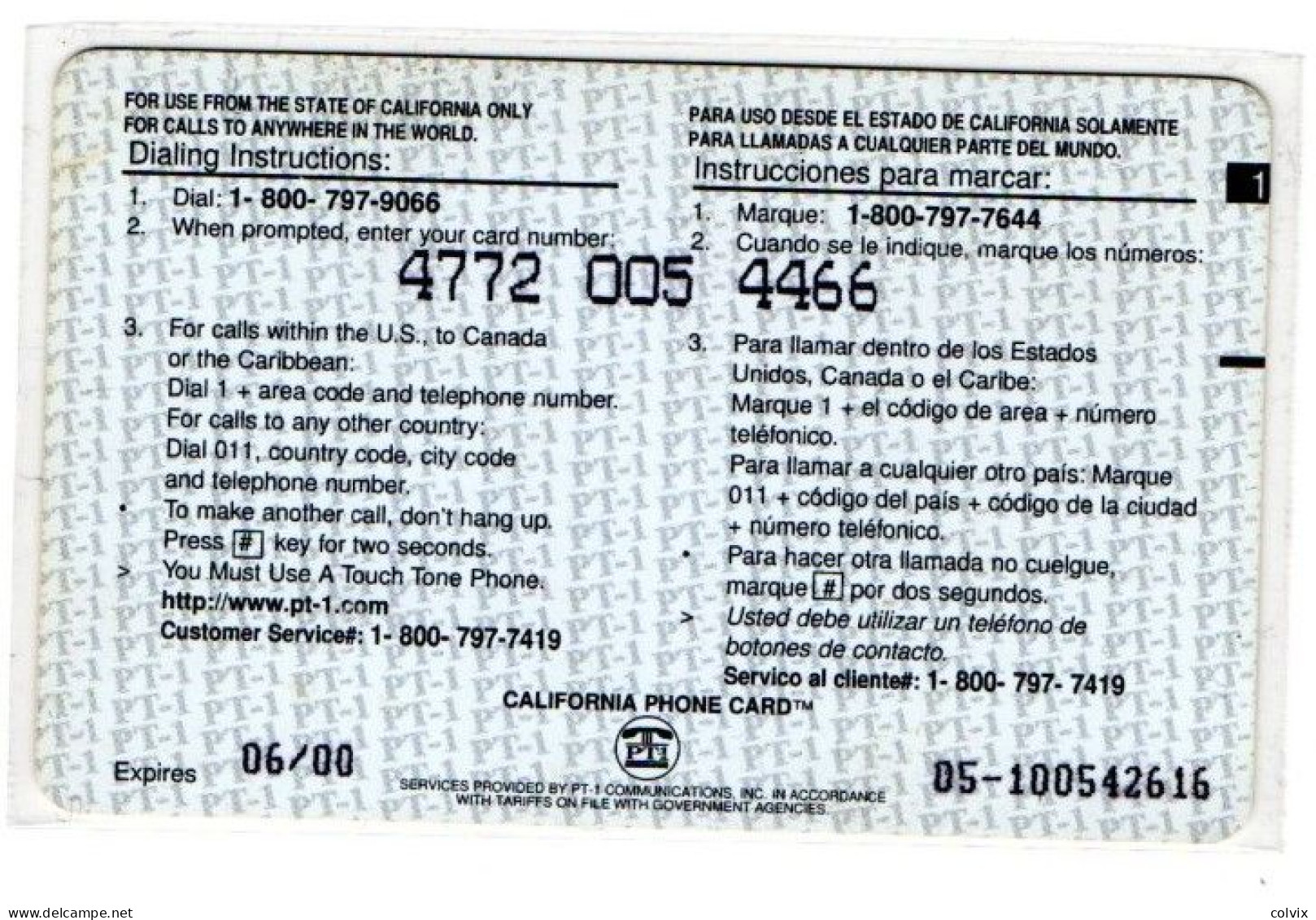 ETATS-UNIS PREPAID PT1 CALIFORNIA PHONE CARD 5$ DRAPEAUX Date 06/2000 - Other & Unclassified