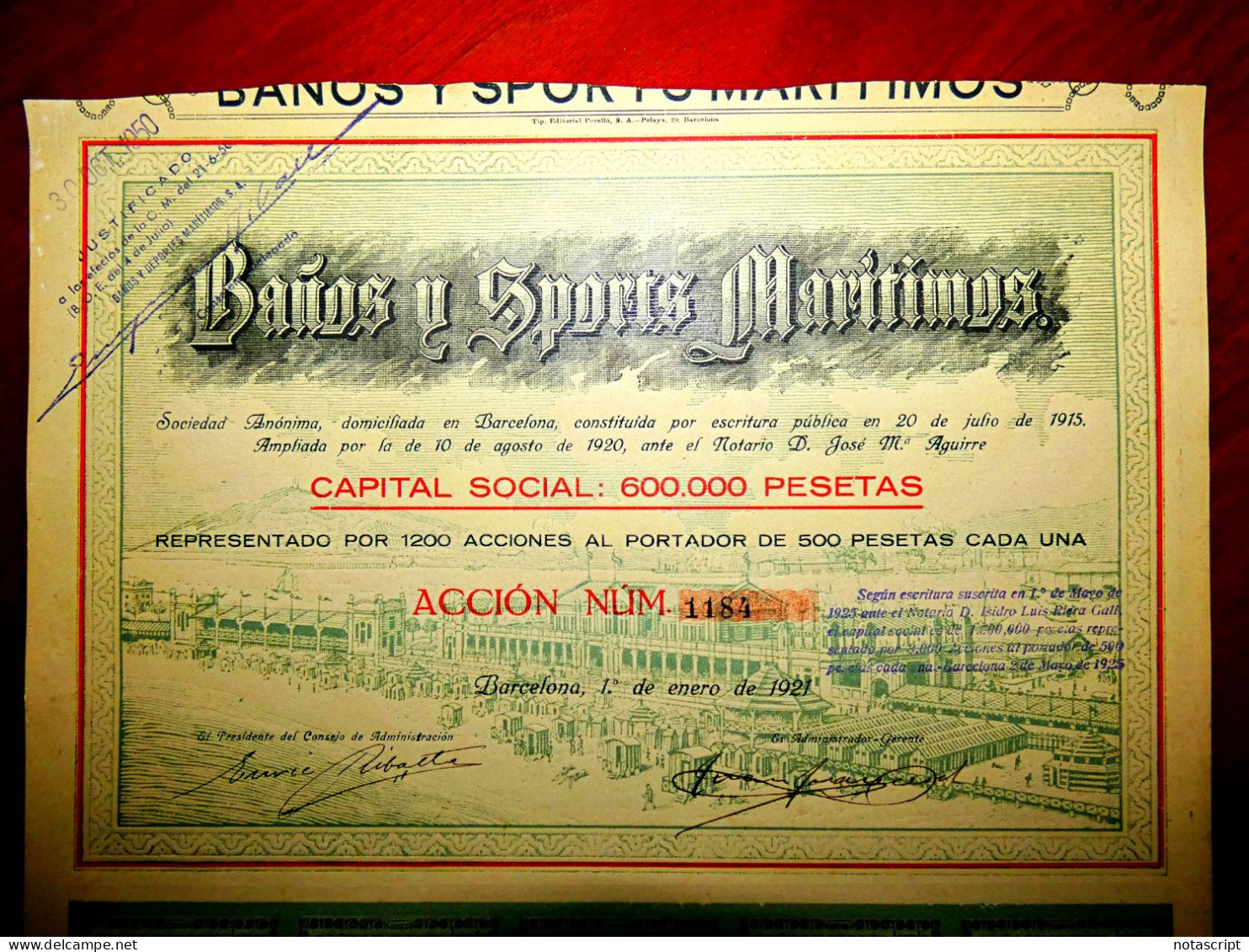 Baños Y Sports Marítimos" ,Barcelona Spain  1921   Share Certificate - Deportes