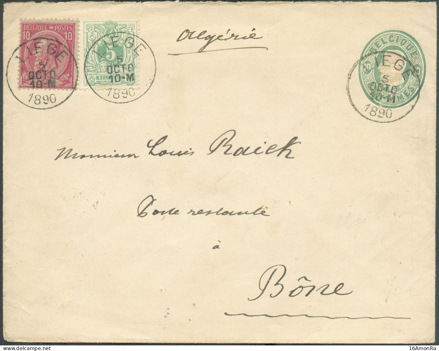N°45/46 - 5 Et 10c. En Affr. Complémentaire Sur E.P. Env. 10c. Obl. Sc LIEGE Du 5 Octobre 1890 Vers Bône (ALGERIE). Bonn - Covers