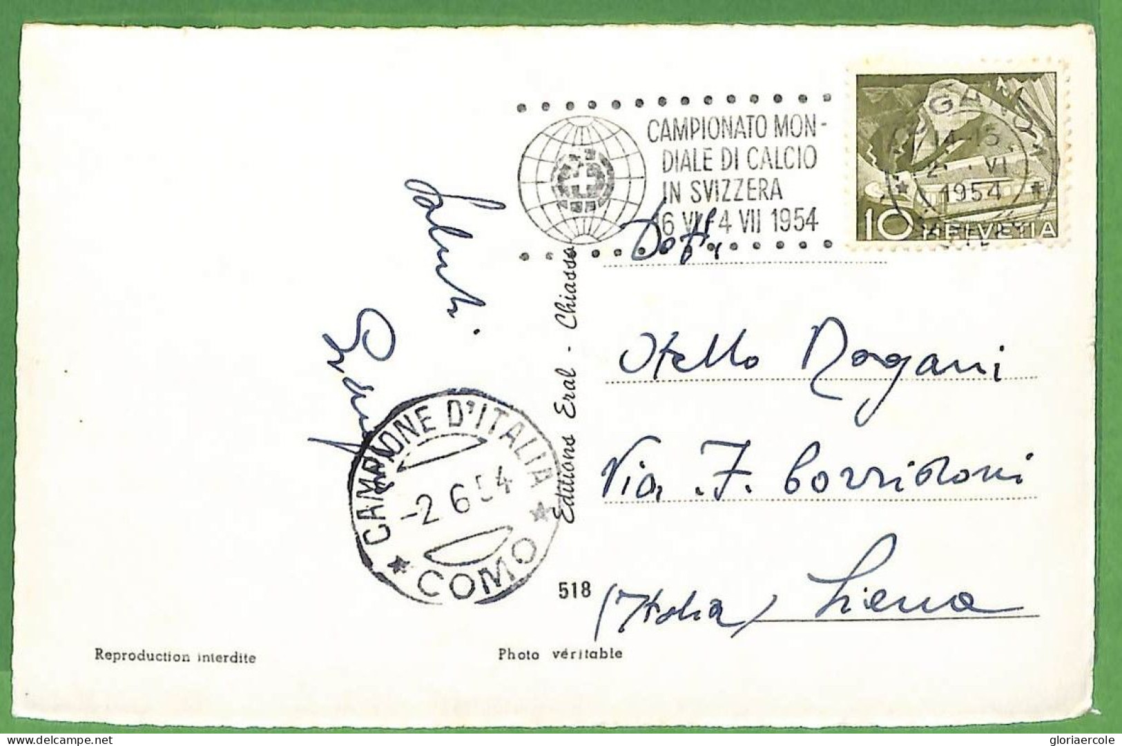 P1033 - SWITZERLAND - POSTAL HISTORY - World FOOTBALL 1954 Postmark - From CAMPIONE D'Italia ! - 1954 – Zwitserland