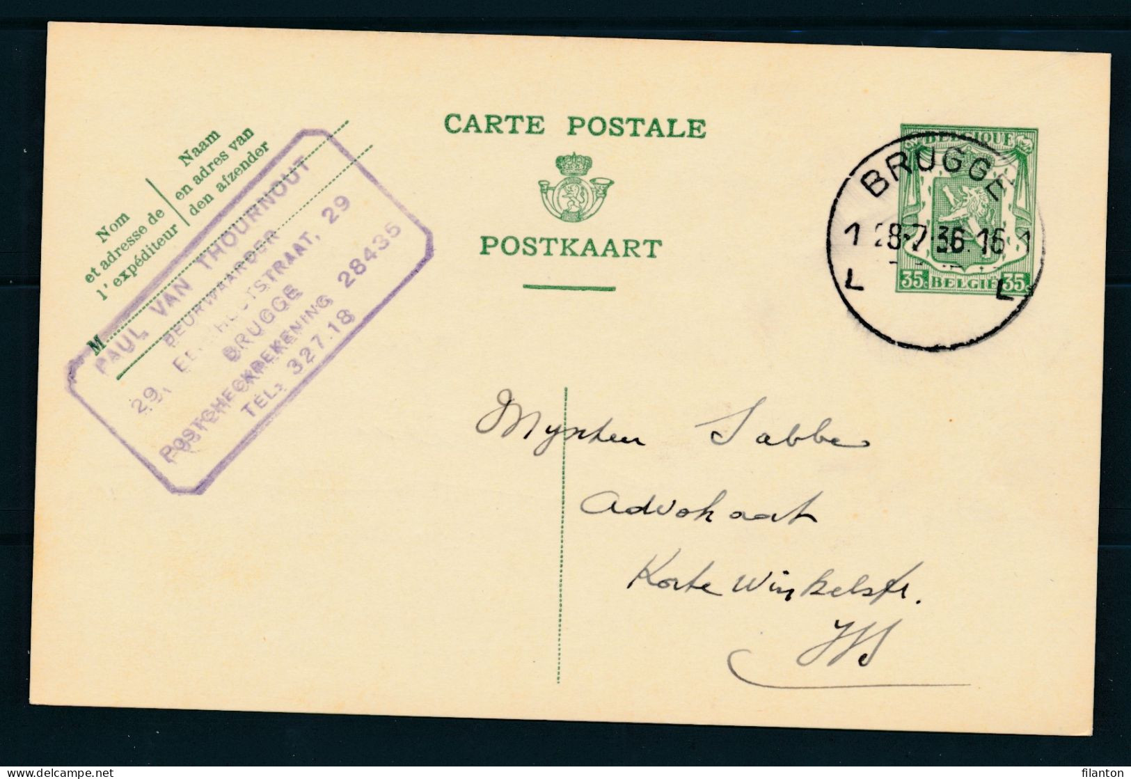 PWS - Cachet "BRUGGE 1 Litt.. L - L" Dd. 28-07-1936 - (ref.1719) - Postkarten 1934-1951