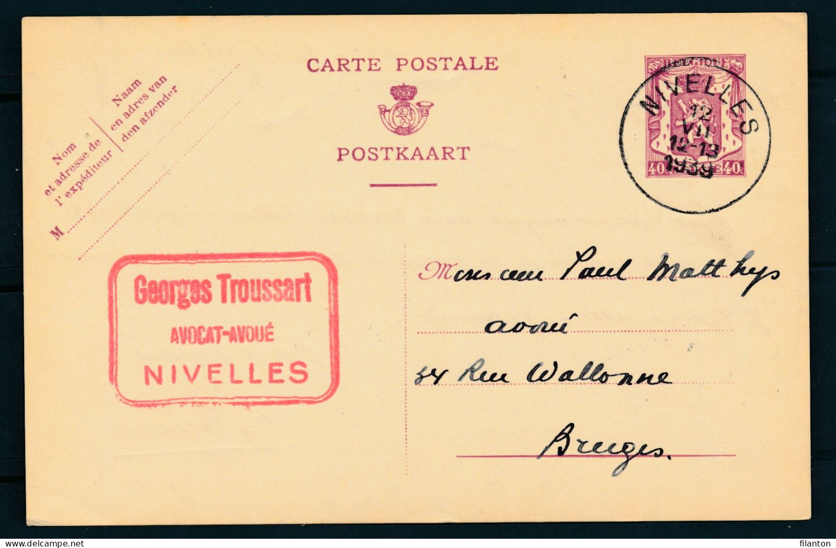 PWS - Cachet "NIVELLES" Dd. 12-07-1939 - (ref.1721) - Briefkaarten 1934-1951