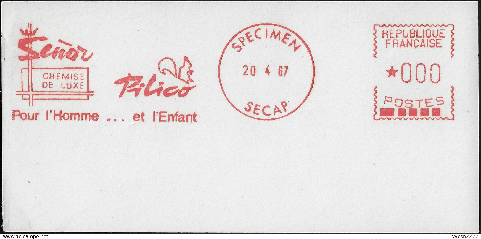 France 1967. Empreinte De Machine à Affranchir Specimen. Chemises Pour Hommes Et Enfants. Écureuil - Rongeurs