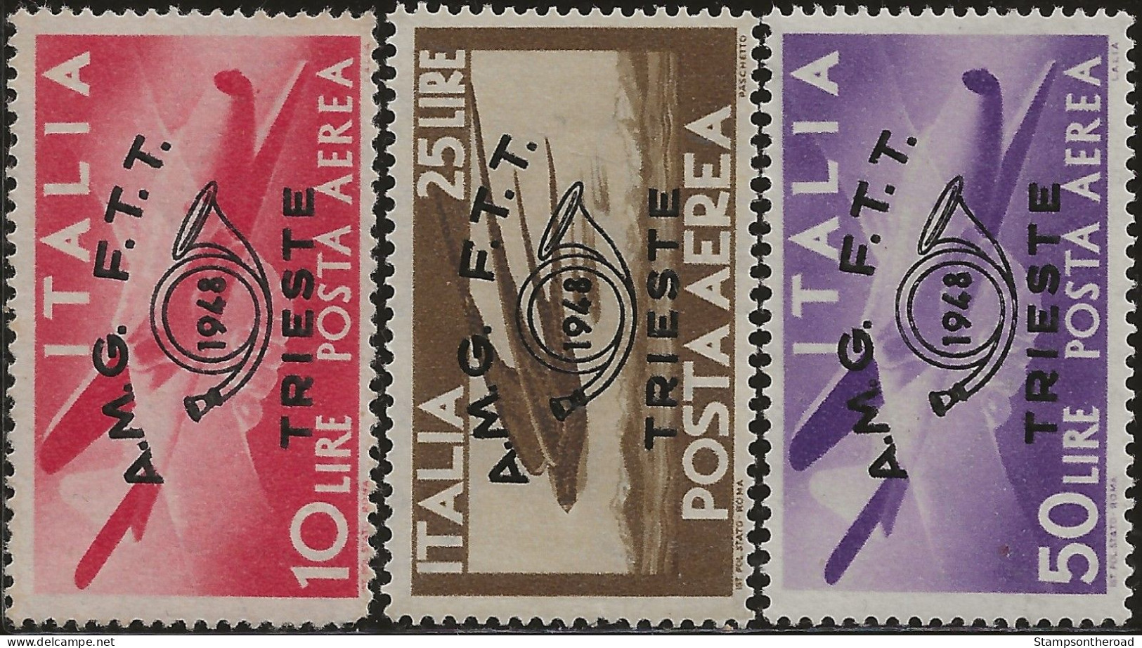 TZAA17-19L2 - 1948 Trieste Zona A, Sass. Nr. 17/19, P.A., Serie Cpl. Di 3 Francobolli Nuovi Con Traccia Di Linguella */ - Airmail