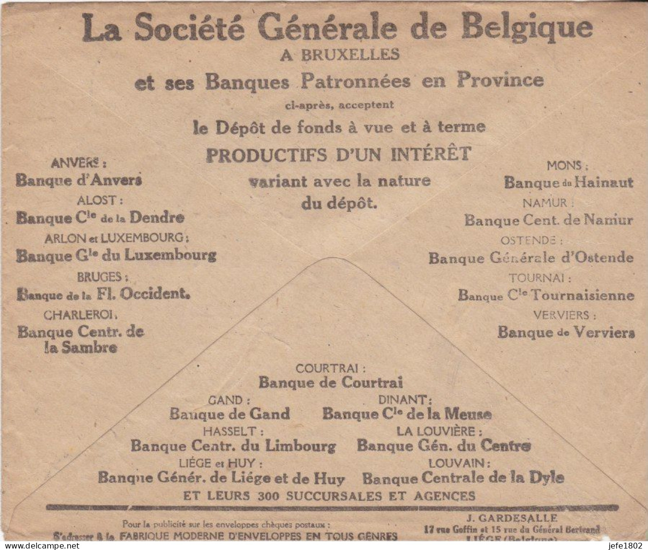 La Société Générale De Belgique Et Ses Banques Patronnées En Province - 4 Enveloppes / Enveloppen - Briefkaarten 1934-1951