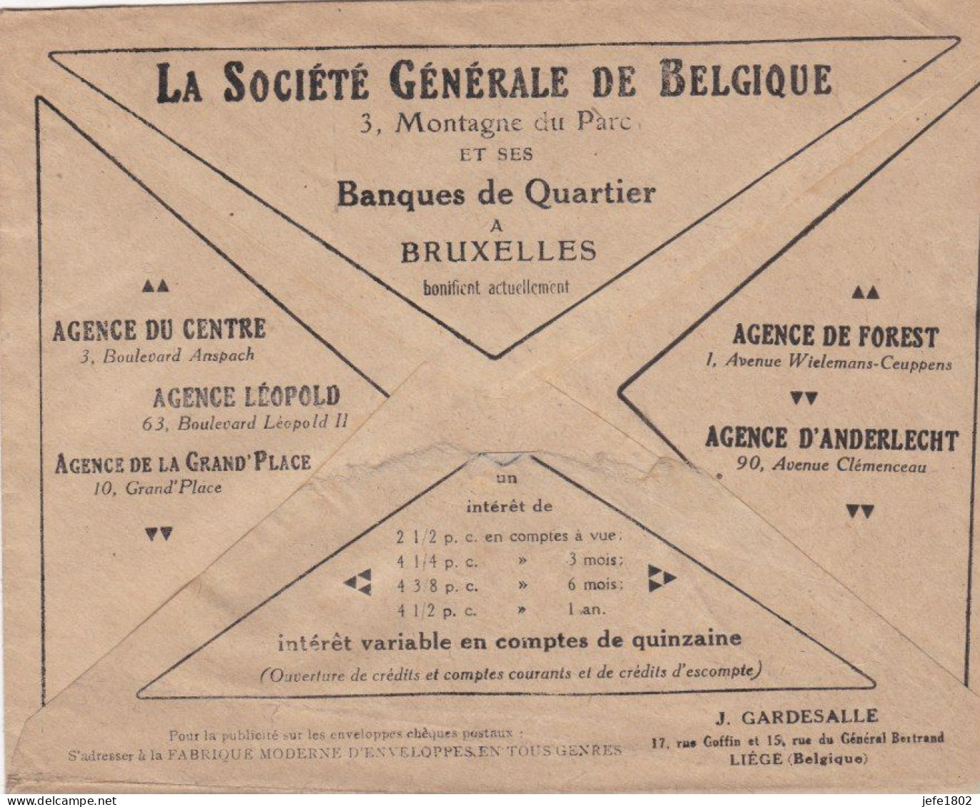 La Société Générale De Belgique Et Ses Banques Patronnées En Province - 4 Enveloppes / Enveloppen - Briefkaarten 1934-1951