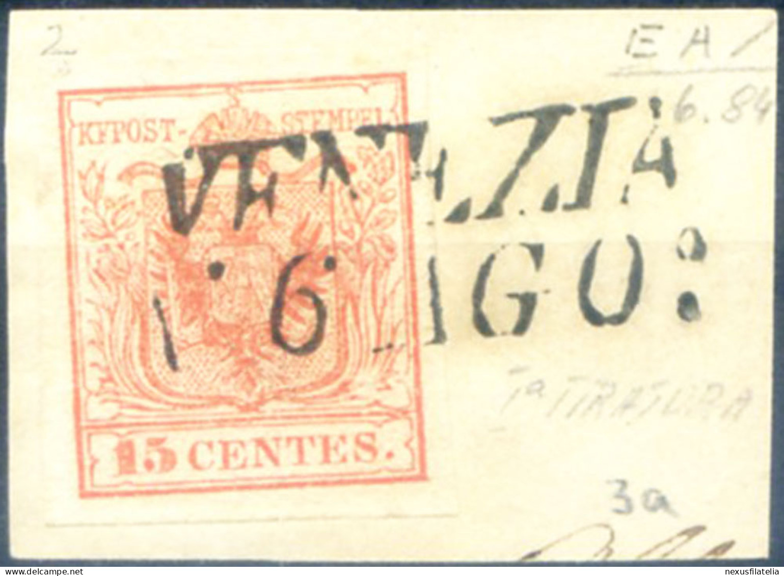 Lombardo Veneto. Stemma, Carta A Mano 15 C. 1850. Frammento. - Unclassified