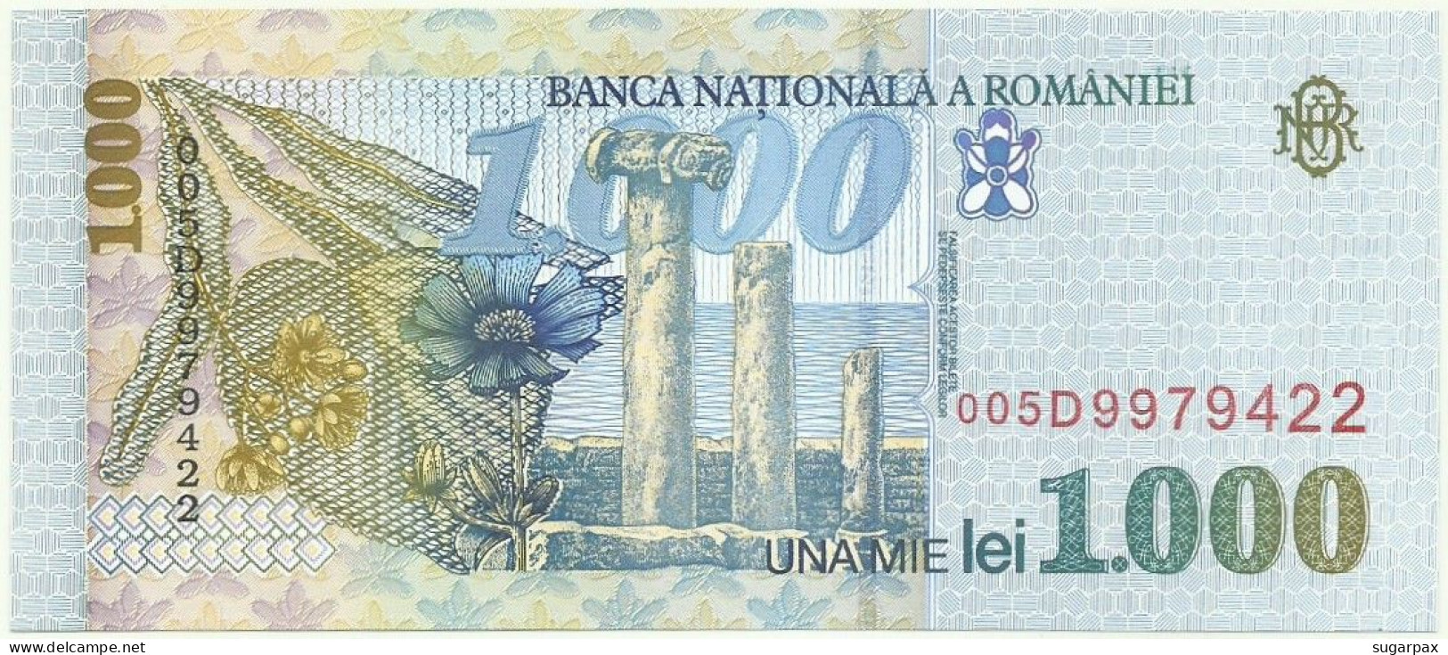 ROMANIA - 1.000 Lei - 1998 - Pick 106 - Unc. - Série 005D - Wmk: Large, Sloping BNR - 1000 - Rumänien