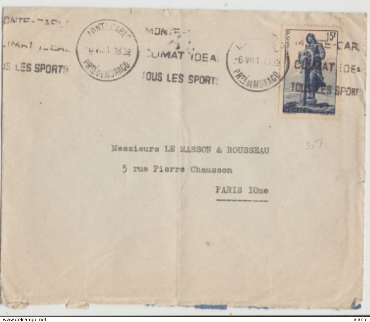 Monaco > 1950-1959 > N°351 Obl. COMMERCIALE S/lettre Voyagée -  - SEUL SUR LETTRE-6-VI-1951 Pour PARIS - Lettres & Documents