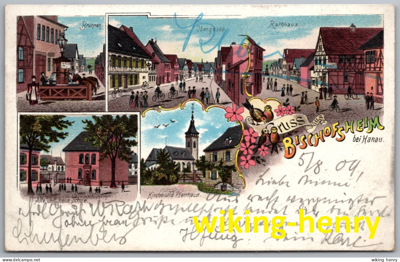 Maintal Bischofsheim - Litho Gruss Aus Bischofsheim - Brunnen Kirche Pfarrhaus Schule Rathaus - Kreis Hanau - Maintal