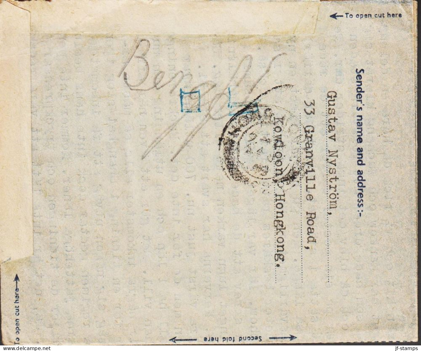 1949. HONG KONG. AIR LETTER Georg VI FORTY CENTS To Malmslätt, Sweden Via London Cancelled KOWLOON HONG KO... - JF543285 - Entiers Postaux