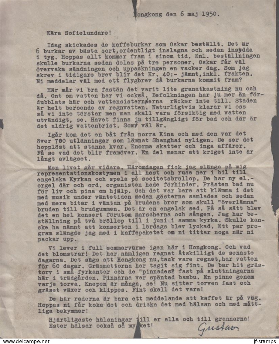 1950. HONG KONG. AIR LETTER  PAIR 20 CENTS Georg VI To Malmslätt, Sweden Via London Cancelled... (Michel 147) - JF543288 - Used Stamps