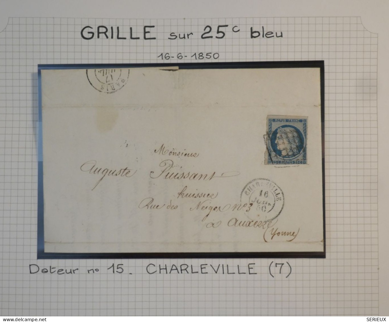 DK3 FRANCE BELLE  LETTRE   16.6.1850  CHARLEVILLE A AUXERRE  +CERES  N°4+ OB. GRILLE +DISPERSION DE COLLECTION+ - 1849-1876: Période Classique