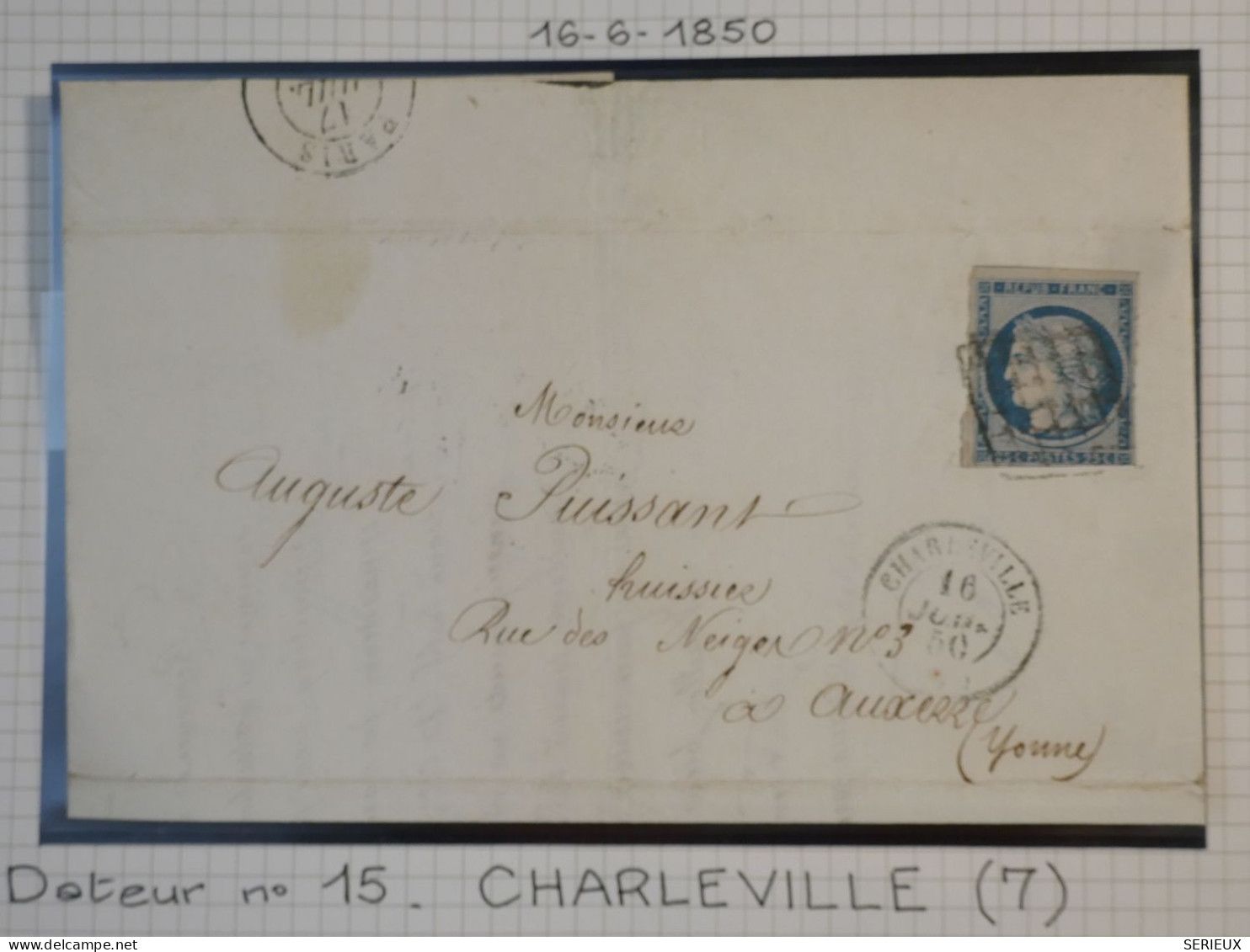 DK3 FRANCE BELLE  LETTRE   16.6.1850  CHARLEVILLE A AUXERRE  +CERES  N°4+ OB. GRILLE +DISPERSION DE COLLECTION+ - 1849-1876: Période Classique