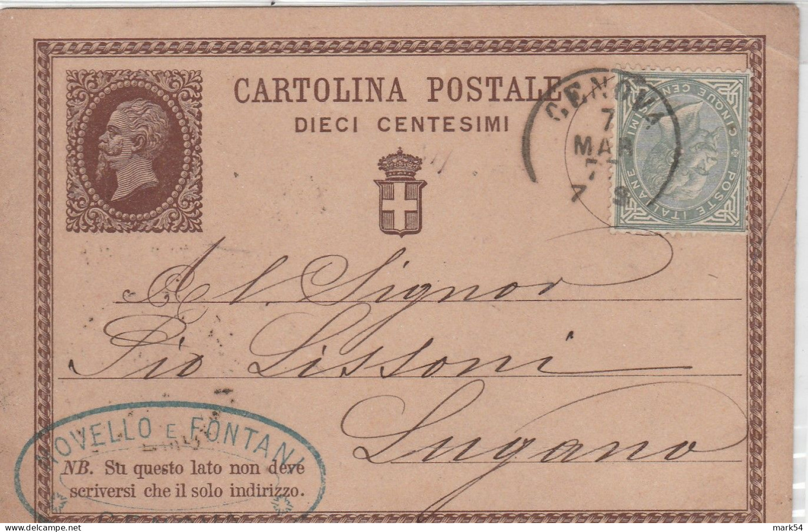 D 29 CP N. 1 Da Genova A Lugano Del 7-marzo-1877 Con 5 C. DLR - Entiers Postaux