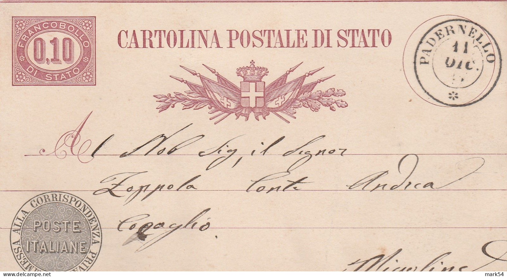 D 34 CP 3A 1 Filetto Con Doppuio Cerchio Di Padernello 1 Dic 1877 - Entiers Postaux