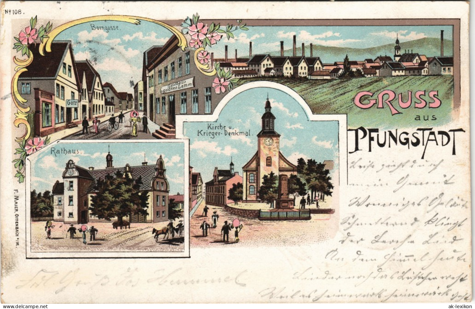 Litho AK Pfungstadt Mehrbild-Litho Mit Borngasse, Rathaus, Kirche, Panorama 1899 - Pfungstadt