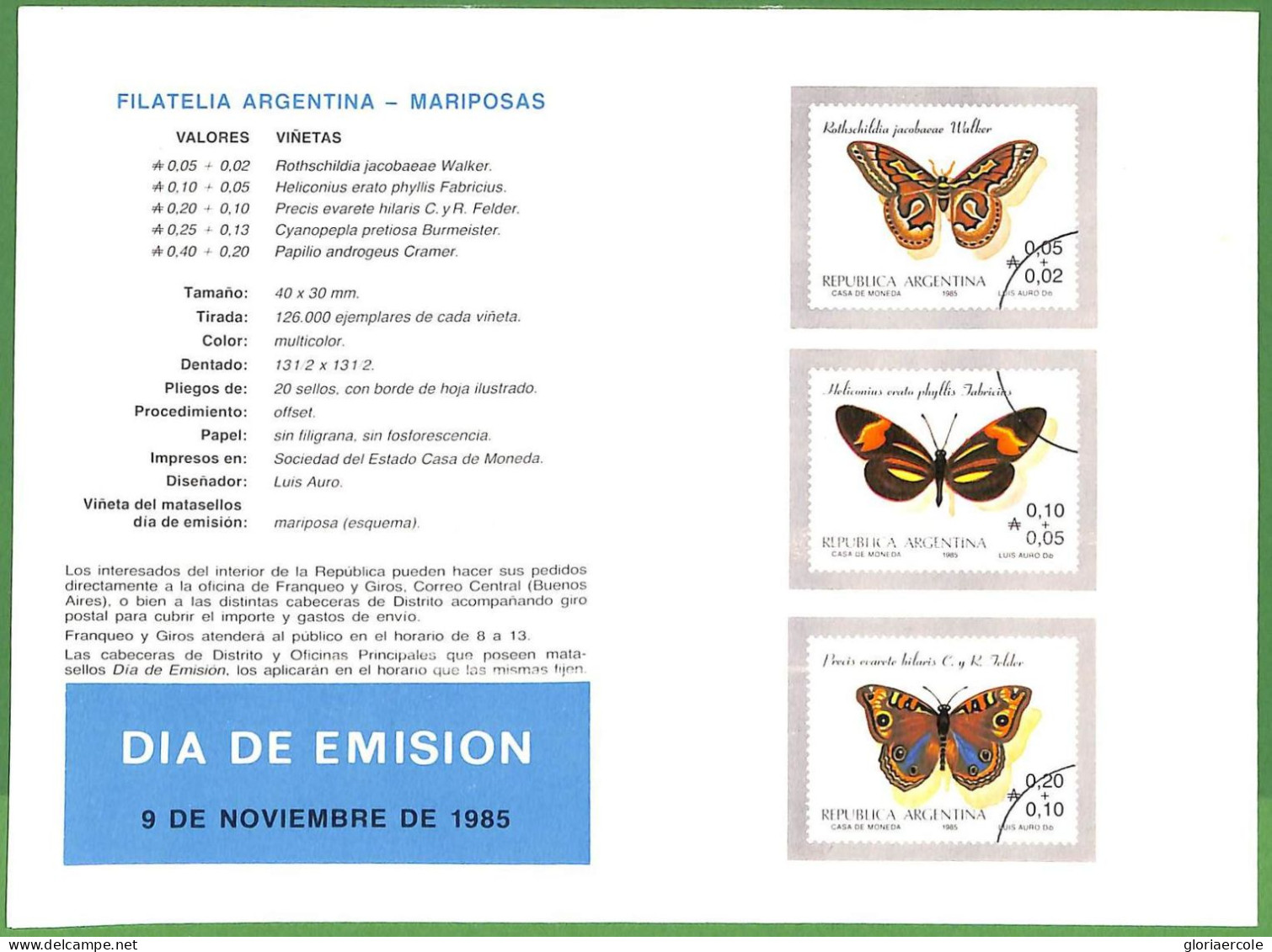 ZA1886 - ARGENTINA - POSTAL HISTORY - Official Stamp Bulletin BUTTERFLIES 1985 - Cuadernillos