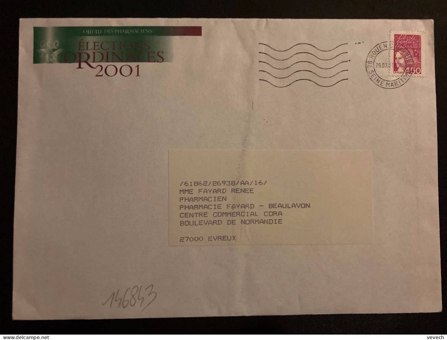 LETTRE ORDRE DES PHARMACIENS TP M DE LUQUET 4,50 OBL.MEC.29 03 01 76 ROUEN COURRIER SEINE MARITIME - 1997-2004 Marianne Of July 14th