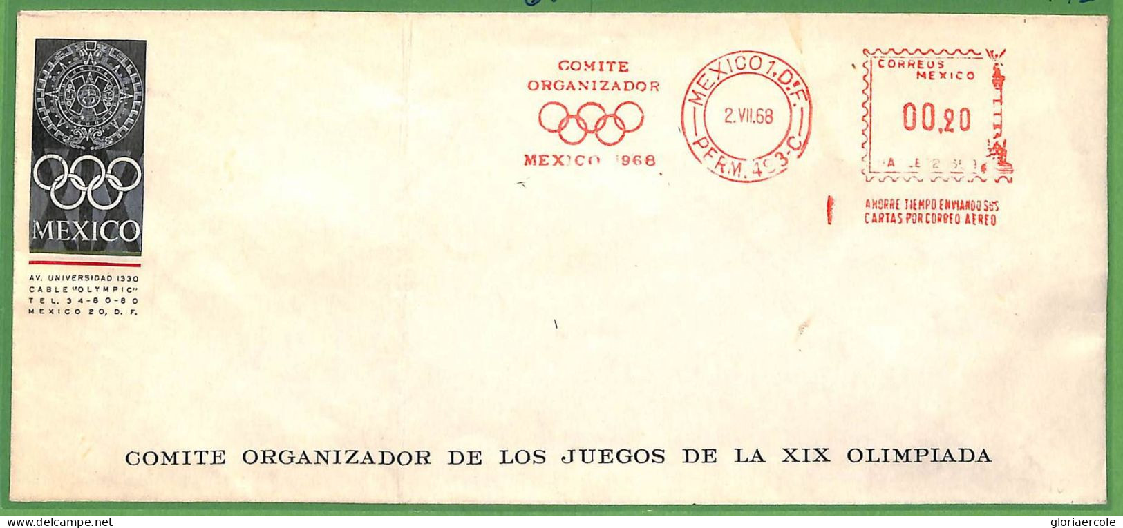 ZA1903 - MEXICO - POSTAL HISTORY - 1968 OLYMPIC Committee OFFICIAL STATIONERY Red Mechanical Postmark - Summer 1968: Mexico City