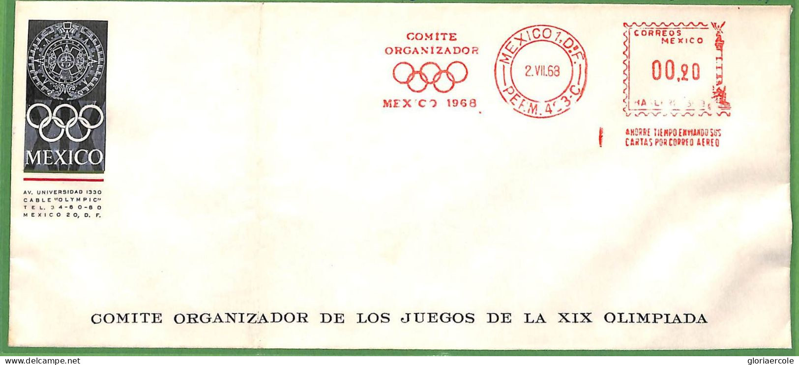 ZA1904 - MEXICO - POSTAL HISTORY - 1968 OLYMPIC Committee OFFICIAL STATIONERY Red Mechanical Postmark - Summer 1968: Mexico City
