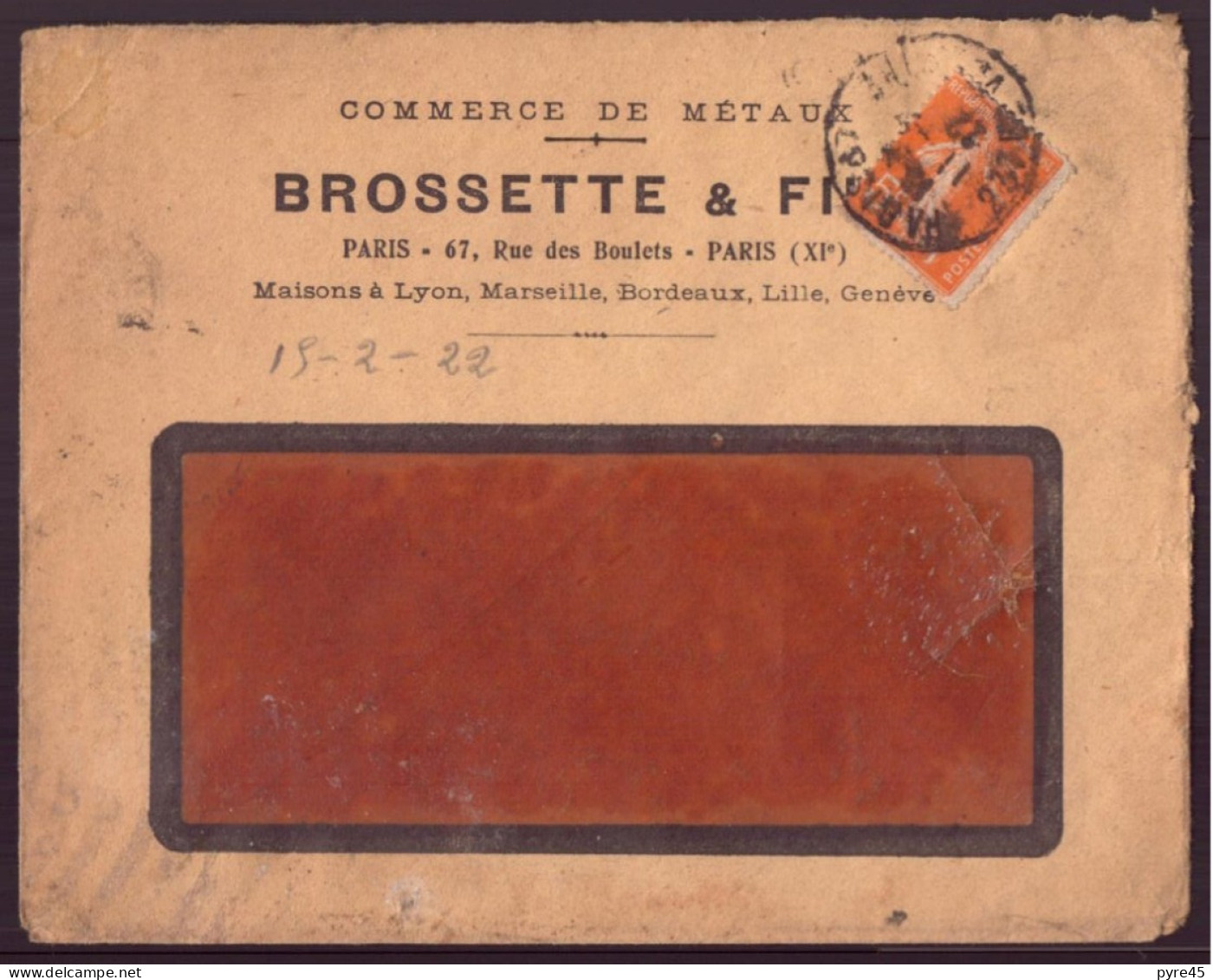 France, Enveloppe à En-tête " Brossette & Fils, Commerce De Métaux, Paris " 1922 - Andere & Zonder Classificatie