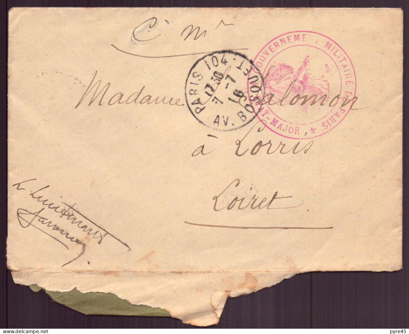 France, Enveloppe , Cachet " Gouvernement Militaire, Etat-major " Du 7 Juillet 1916 De Paris Pour Lorris - Other & Unclassified