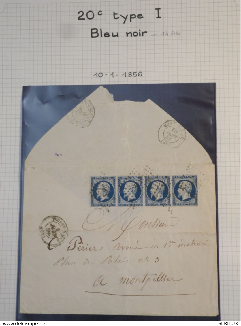 DK2 FRANCE BELLE  LETTRE RARE 10 1.1856 MONTPELLIER +BANDE DE 4 X N°14 BLEU NOIR +VU BEHR.DISPERSION DE COLLECTION+ - 1849-1876: Periodo Clásico