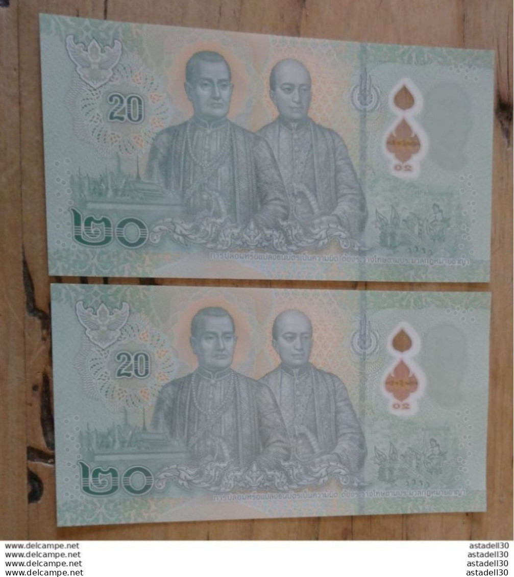 THAILANDE : 2 Billets Avec Numeros Se Suivant, Polymere, 20 Bath ................ CL-6-9 - Thailand