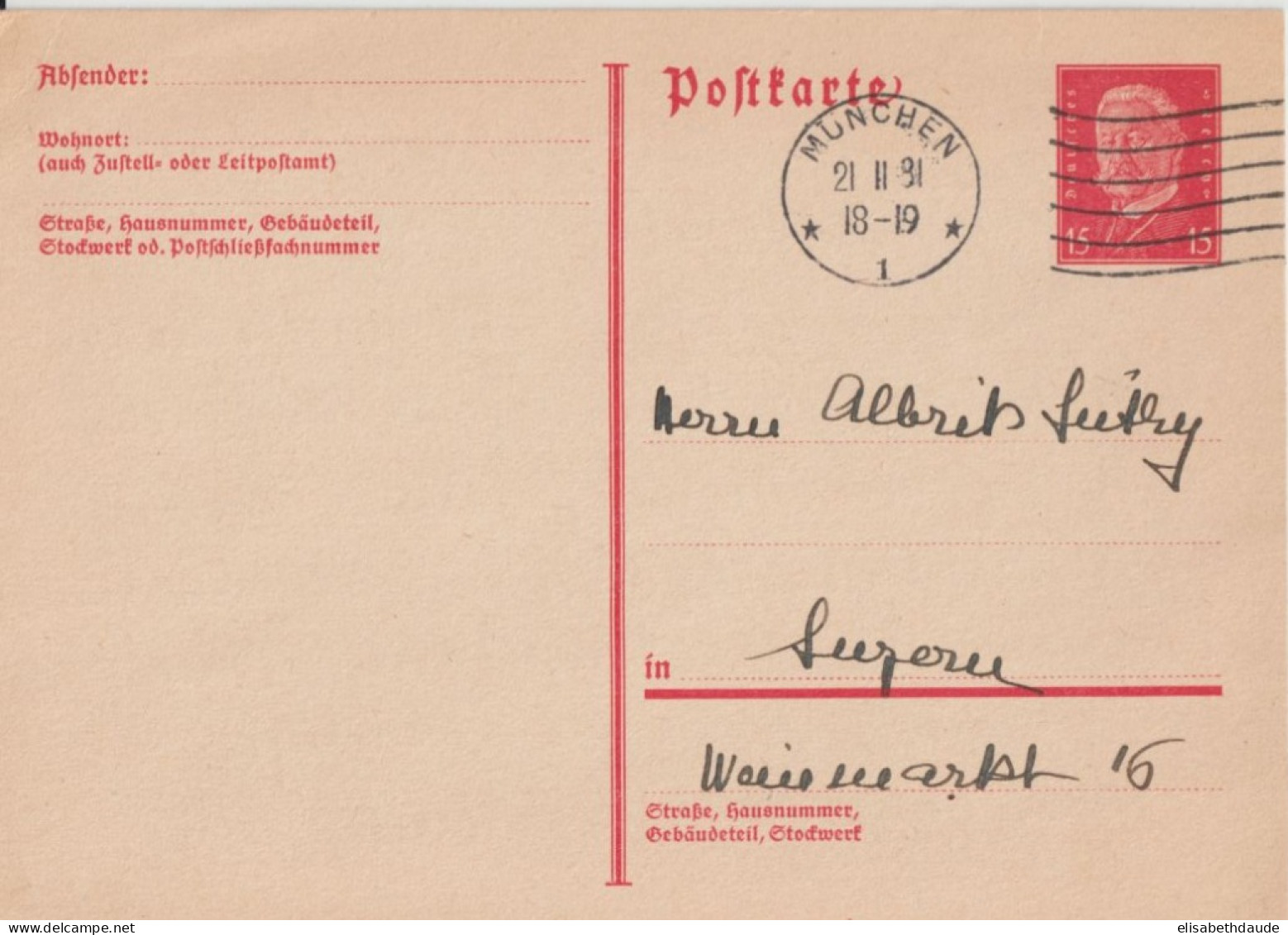 WEIMAR - 1931 - RARE CP ENTIER POSTAL P196 ! De MÜNCHEN => LUZERN (SUISSE) - Postkarten