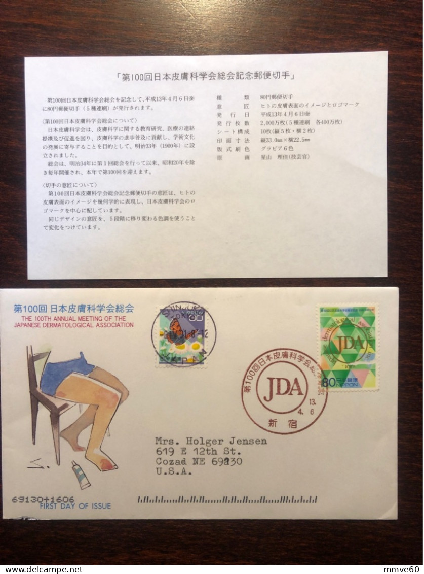 JAPAN FDC COVER 2001 YEAR DERMATOLOGY ASSOCIATION HEALTH MEDICINE STAMPS - FDC