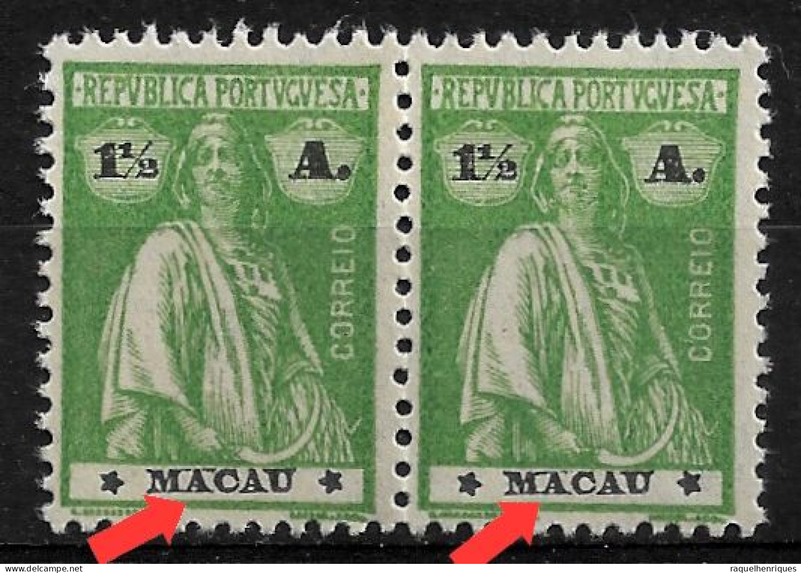 MACAU 1924 CERES 1-1/2A PAIR PRINT ERROR MNH  (NP#72-P30-L9) - Neufs