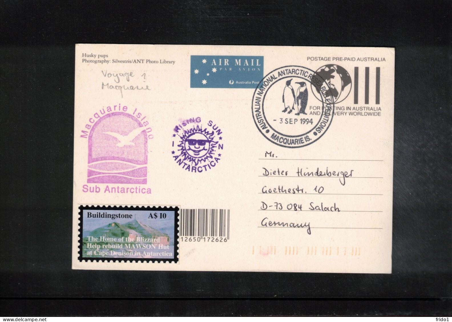 Australian Antarctic Territory 1994 Antarctica - Base Macquarie Island - Rising Sun - Huskies Interesting Letter - Bases Antarctiques