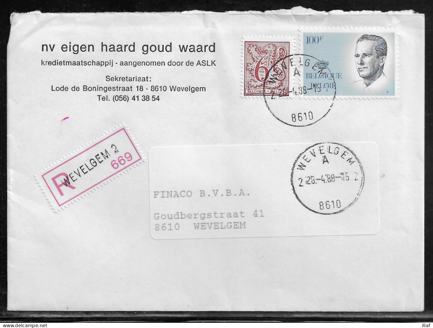 Belgium. Stamps Sc. 976a, Sc. 1103 On Registered Letter, Sent From Wevelgem On 28.04.1988 For Wevelgem - Briefe U. Dokumente