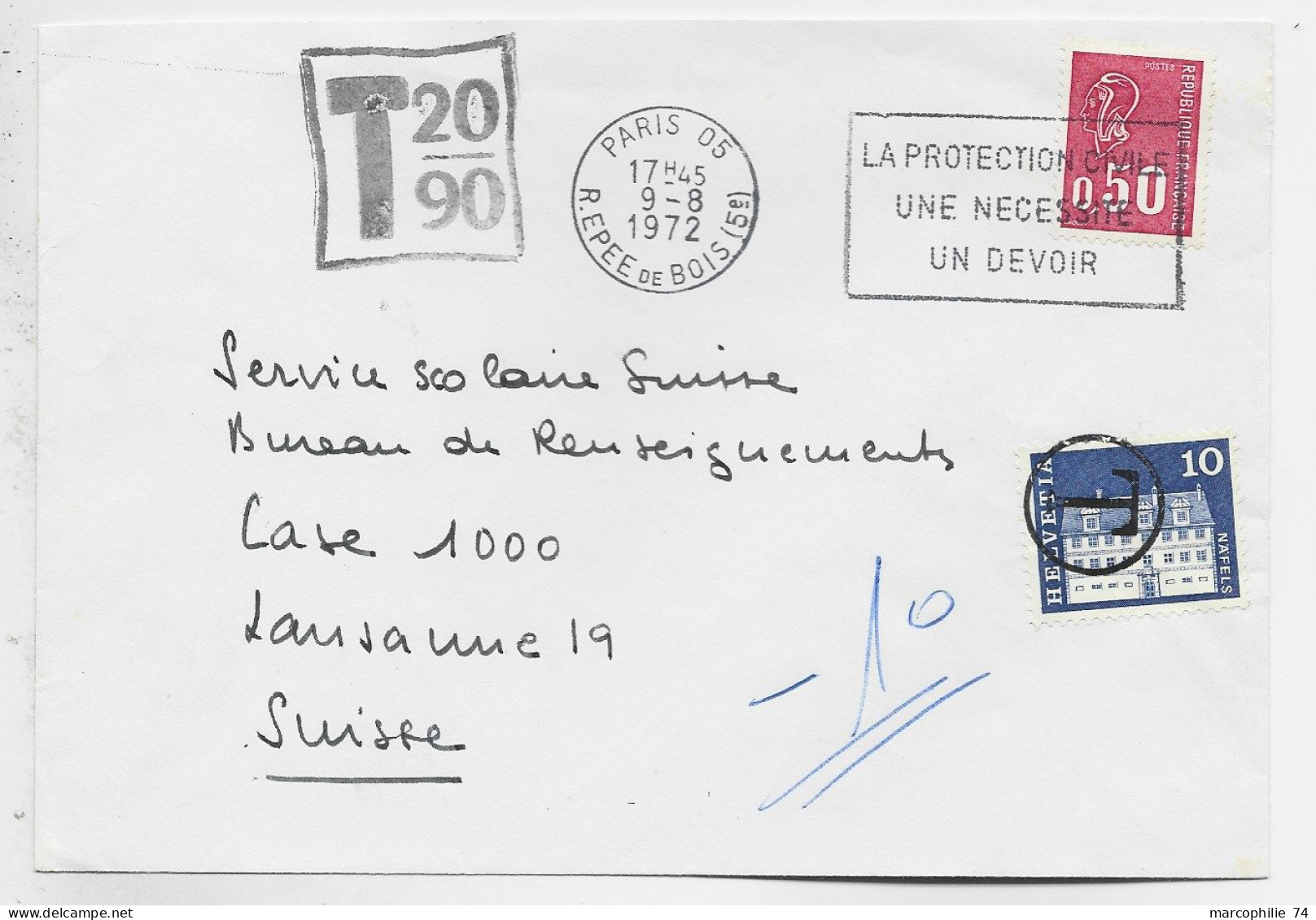 BEQUET 50C SEUL LETTRE COVER PARIS 05 9.8.1972 POUR SUISSE TAXE 10C - 1971-1976 Marianne De Béquet