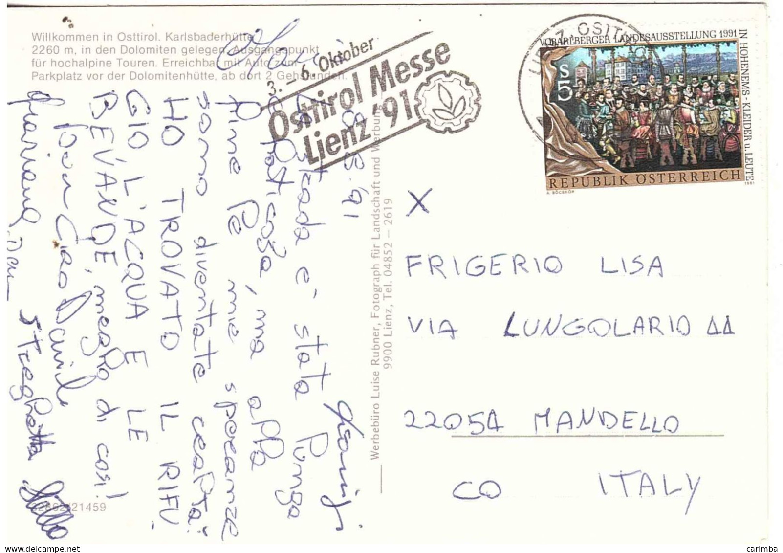 CARTOLINA OSTTIROL KARLSBADERHUTTE PER ITALIA ANNULLO TARGHETTA - Lettres & Documents